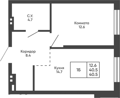 Планировка 1-к.кв 40.50 м² в ЖК «Башни Дзен»
