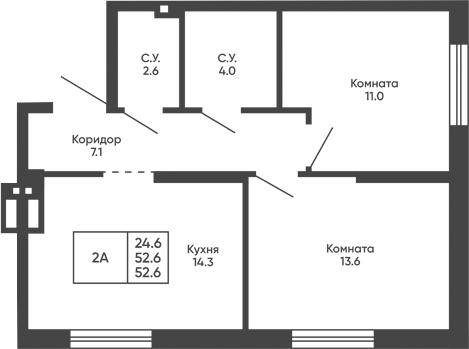 Планировка 2-к.кв 52.60 м² в ЖК «Башни Дзен»