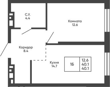 Планировка 1-к.кв 40.10 м² в ЖК «Башни Дзен»