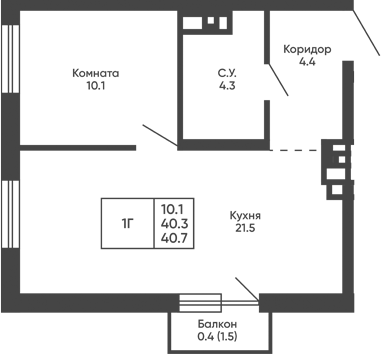 Планировка 1-к.кв 40.30 м² в ЖК «Башни Дзен»