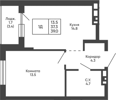 Планировка 1-к.кв 37.30 м² в ЖК «Башни Дзен»