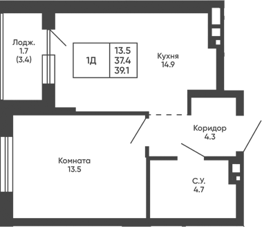 Планировка 1-к.кв 37.40 м² в ЖК «Башни Дзен»