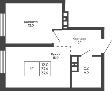 Планировка 1-к. квартира 37.60 м² в ЖК «Башни Дзен»