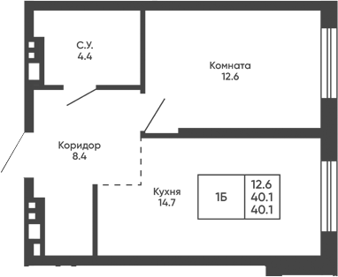 Планировка 1-к.кв 40.10 м² в ЖК «Башни Дзен»