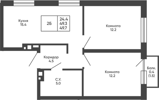 Планировка 2-к.кв 49.30 м² в ЖК «Башни Дзен»