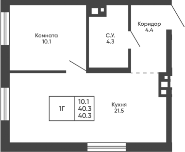 Планировка 1-к.кв 40.30 м² в ЖК «Башни Дзен»