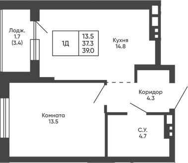 Планировка 1-к.кв 37.30 м² в ЖК «Башни Дзен»