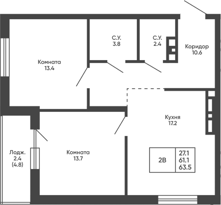 Планировка 2-к.кв 61.10 м² в ЖК «Башни Дзен»