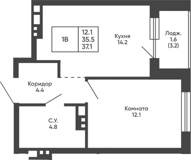 Планировка 1-к.кв 35.50 м² в ЖК «Башни Дзен»