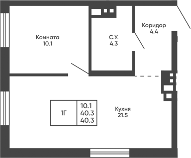 Планировка 1-к.кв 40.30 м² в ЖК «Башни Дзен»