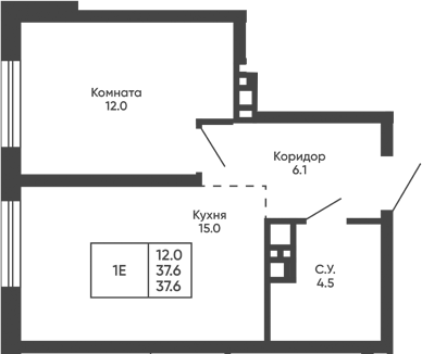 Планировка 1-к.кв 37.60 м² в ЖК «Башни Дзен»