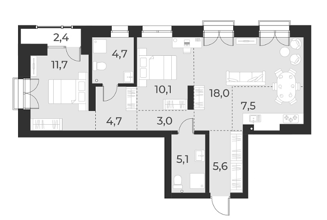 Планировка 3е-к. квартира 70.40 м² в ЖК «Русское солнце»