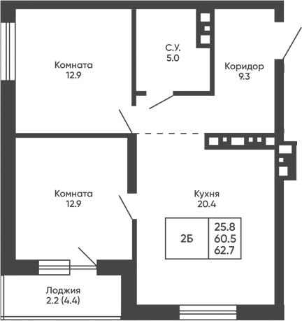 Планировка 2-к.кв 60.50 м² в ЖК «Башни Дзен»