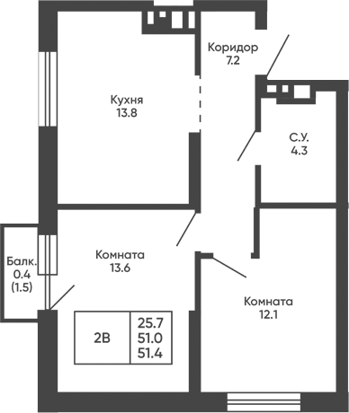 Планировка 2-к.кв 51.00 м² в ЖК «Башни Дзен»