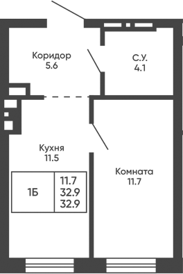 Планировка 1-к.кв 32.90 м² в ЖК «Башни Дзен»