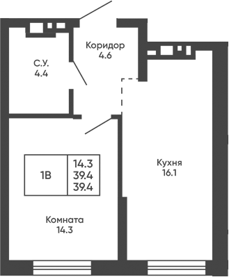 Планировка 1-к.кв 39.40 м² в ЖК «Башни Дзен»