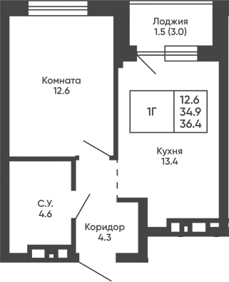 Планировка 1-к.кв 34.90 м² в ЖК «Башни Дзен»