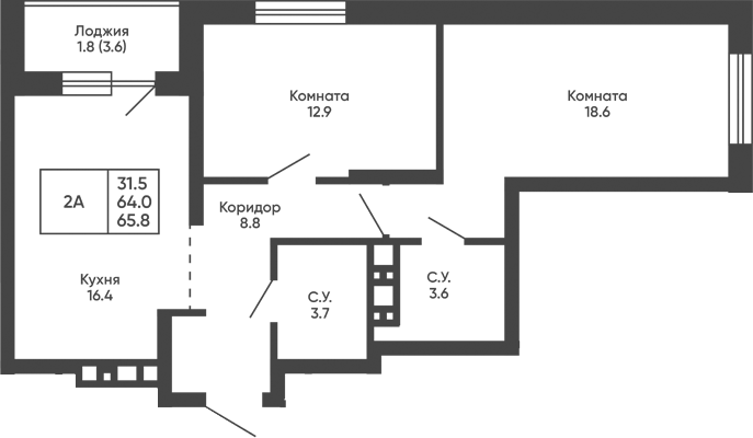 Планировка 2-к.кв 64.00 м² в ЖК «Башни Дзен»