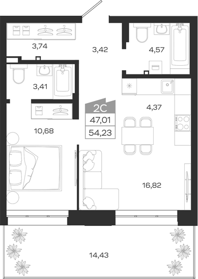 Планировка 2е-к.кв 47.01 м² в ЖК «1804 Квартал на Сибирской. Томск»