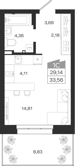Планировка студии 29.14 м² в ЖК «1804 Квартал на Сибирской. Томск»