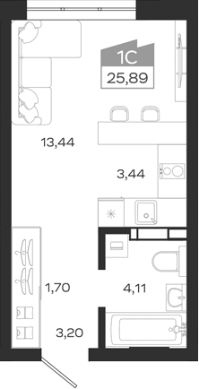 Планировка студии 25.89 м² в ЖК «1804 Квартал на Сибирской. Томск»