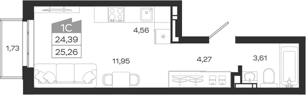 Планировка студии 24.39 м² в ЖК «1804 Квартал на Сибирской. Томск»