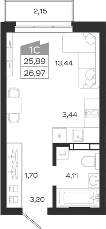 Планировка студии 25.89 м² в ЖК «1804 Квартал на Сибирской. Томск»