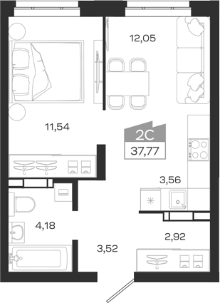 Планировка 2е-к.кв 37.77 м² в ЖК «1804 Квартал на Сибирской. Томск»