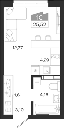 Планировка студии 25.52 м² в ЖК «1804 Квартал на Сибирской. Томск»