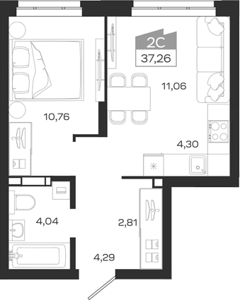 Планировка 2е-к.кв 37.26 м² в ЖК «1804 Квартал на Сибирской. Томск»