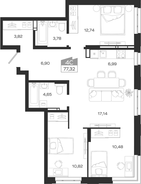 Планировка 4е-к.кв 77.32 м² в ЖК «1804 Квартал на Сибирской. Томск»