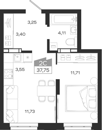 Планировка 2е-к.кв 37.75 м² в ЖК «1804 Квартал на Сибирской. Томск»