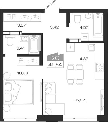 Планировка 2е-к.кв 46.84 м² в ЖК «1804 Квартал на Сибирской. Томск»