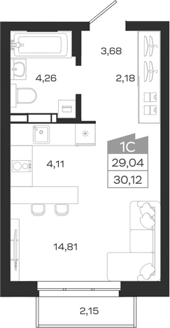 Планировка студии 29.04 м² в ЖК «1804 Квартал на Сибирской. Томск»