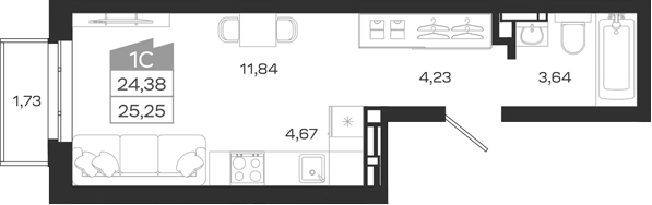 Планировка студии 24.38 м² в ЖК «1804 Квартал на Сибирской. Томск»