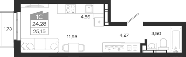 Планировка студии 24.28 м² в ЖК «1804 Квартал на Сибирской. Томск»