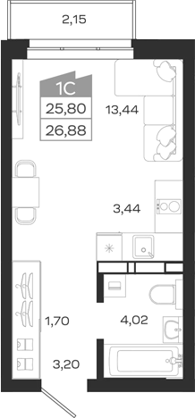 Планировка студии 25.80 м² в ЖК «1804 Квартал на Сибирской. Томск»