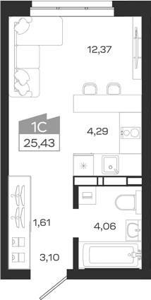 Планировка студии 25.43 м² в ЖК «1804 Квартал на Сибирской. Томск»
