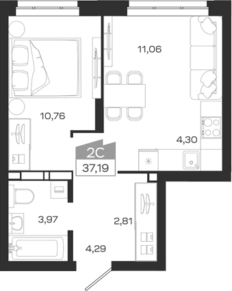 Планировка 2е-к.кв 37.19 м² в ЖК «1804 Квартал на Сибирской. Томск»