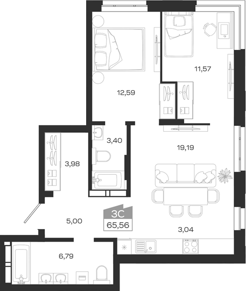 Планировка 3е-к.кв 65.56 м² в ЖК «1804 Квартал на Сибирской. Томск»