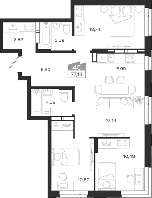 Планировка 4е-к.кв 77.14 м² в ЖК «1804 Квартал на Сибирской. Томск»