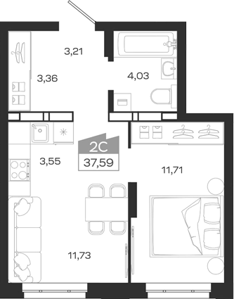 Планировка 2е-к.кв 37.59 м² в ЖК «1804 Квартал на Сибирской. Томск»