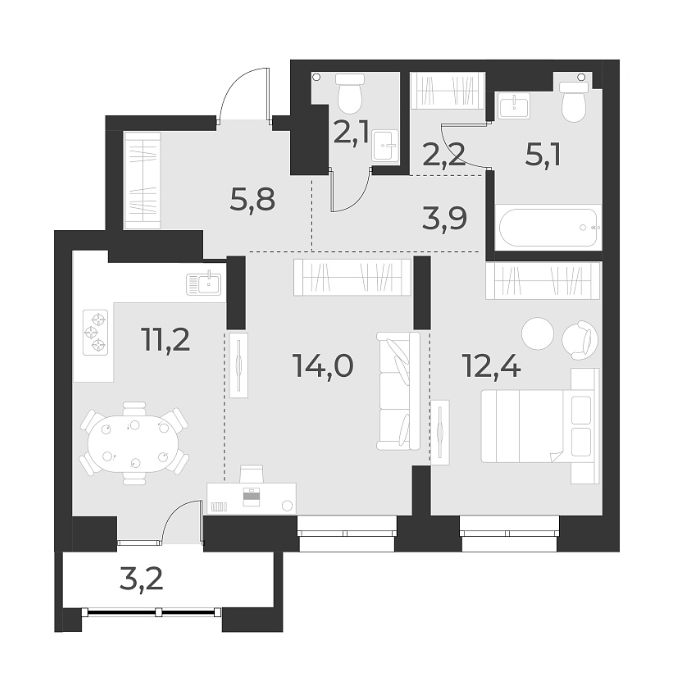 Планировка 2-к. квартира 56.70 м² в ЖК «Русское солнце»