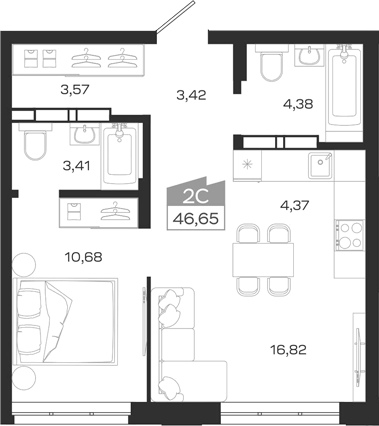 Планировка 2е-к.кв 46.65 м² в ЖК «1804 Квартал на Сибирской. Томск»