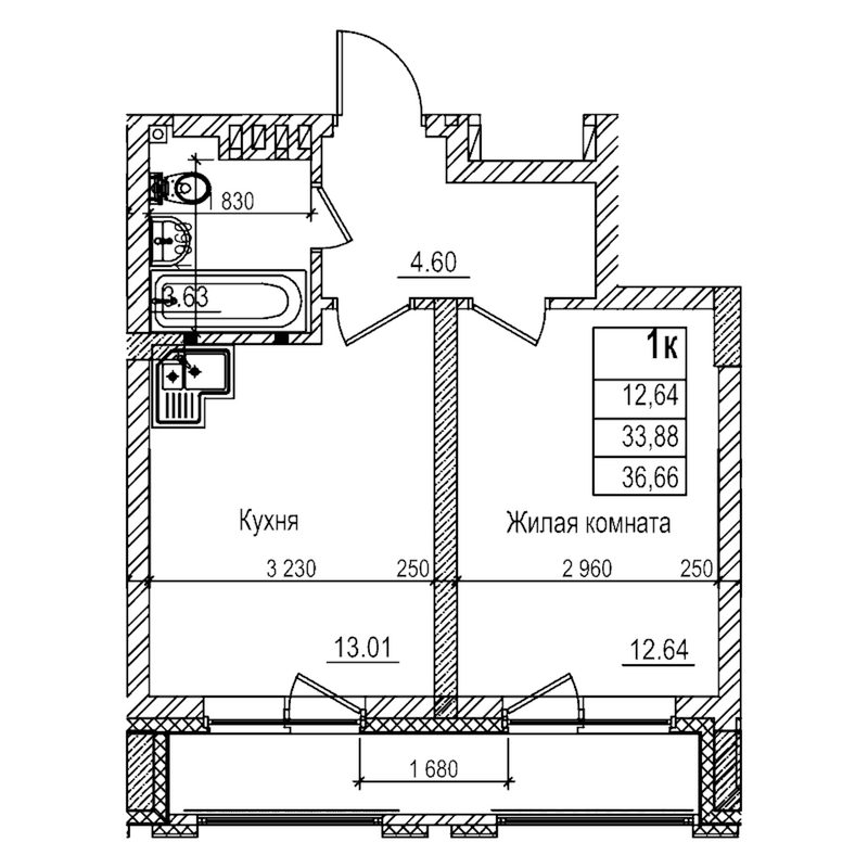 Планировка 1-к.кв 33.80 м² в ЖК «Чернышевский»