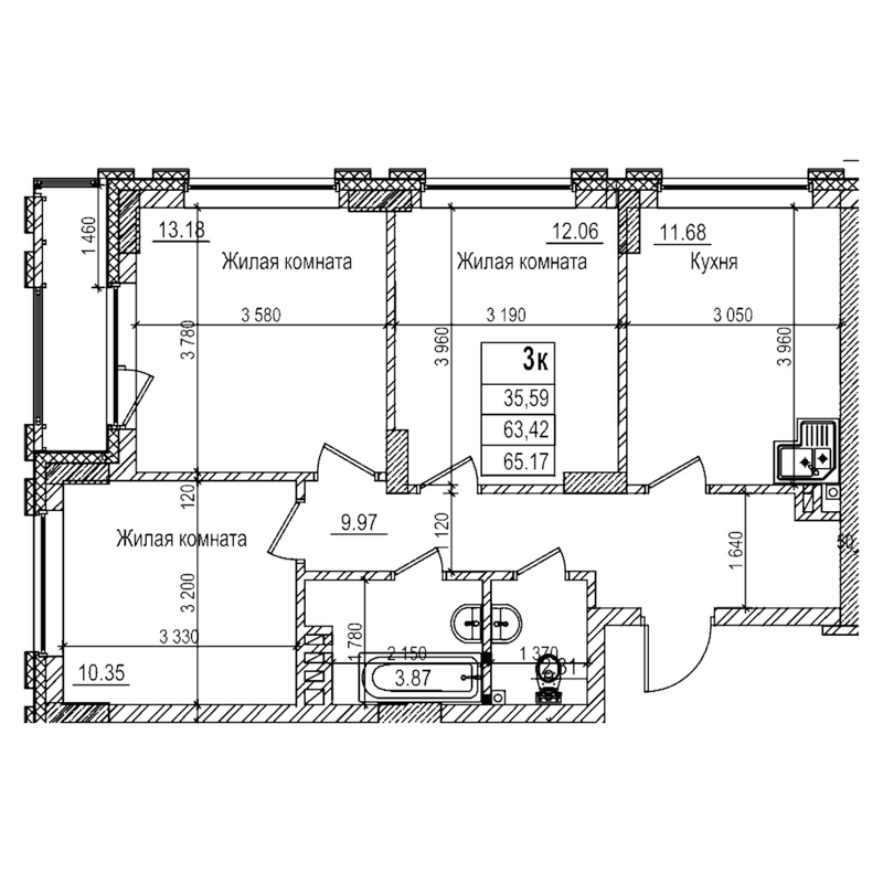 Планировка 3-к.кв 63.40 м² в ЖК «Чернышевский»