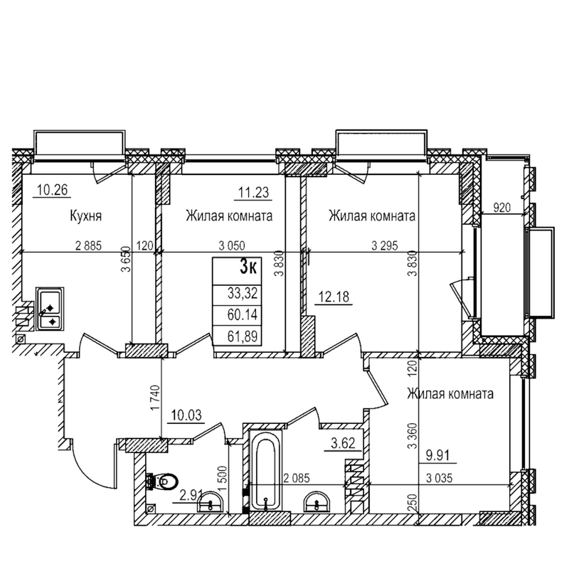 Планировка 3-к.кв 60.10 м² в ЖК «Чернышевский»