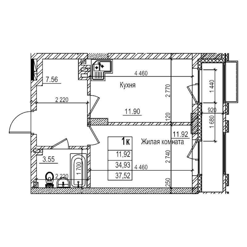 Планировка 1-к.кв 34.93 м² в ЖК «Чернышевский»