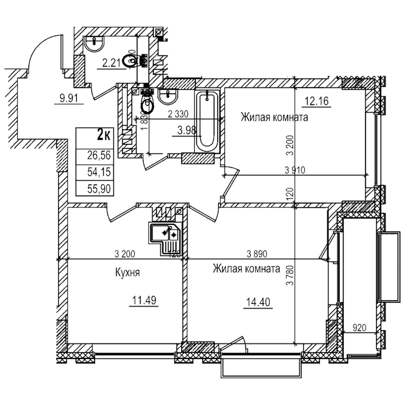 Планировка 2-к.кв 54.10 м² в ЖК «Чернышевский»