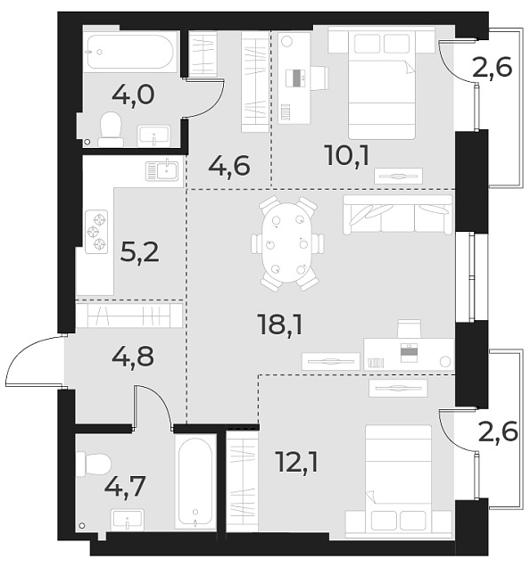 Планировка 3е-к. квартира 63.60 м² в ЖК «Русское солнце»